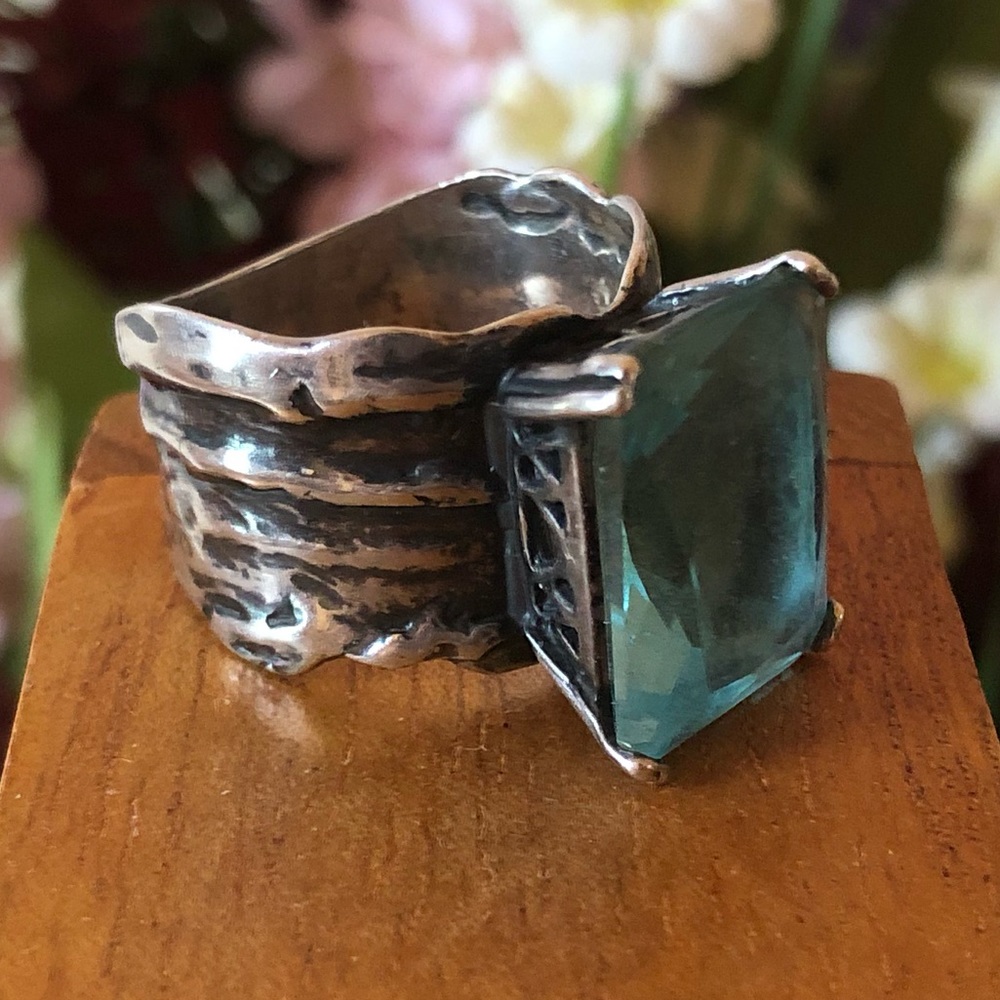 Vintage Silpada Sterling Silver Aqua Glass Statement Ring Size 8